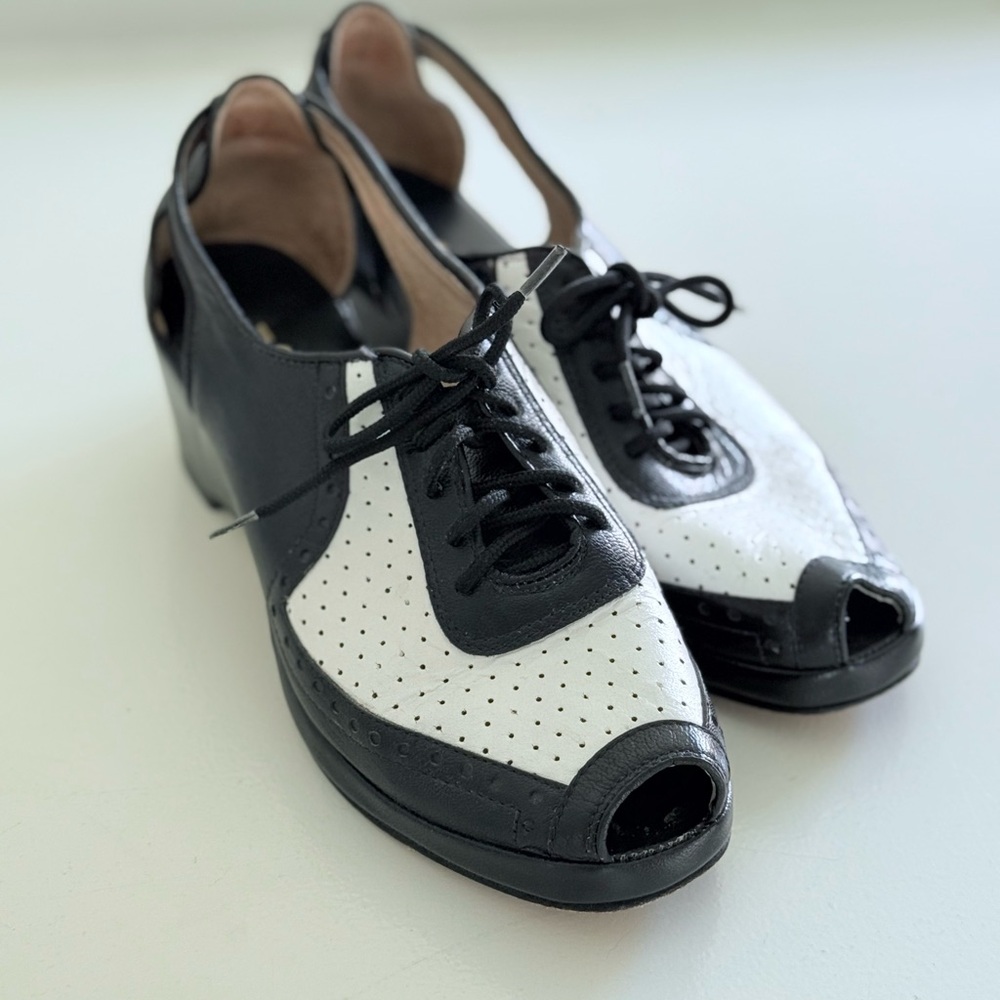 Re-Mix Spectator Wedge Heels Leather Black and White Vintage Reproduction 8
